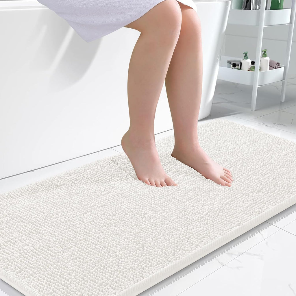 OLANLY Bathroom Runner Rugs - Extra Soft Chenille Bath Mats | 47x24, Quick Dry, Machine Washable, Ivory