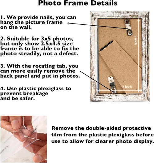 JCJMY 3x5 Picture Frame - Sturdy Rustic White Frame with Shatter Resistant Plexiglass