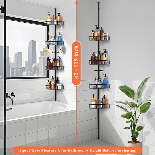 4-Tier Rustproof Corner Shower Caddy by [Brand Name] - Adjustable Height 42-115 Inch Bathroom Organizer in Black
