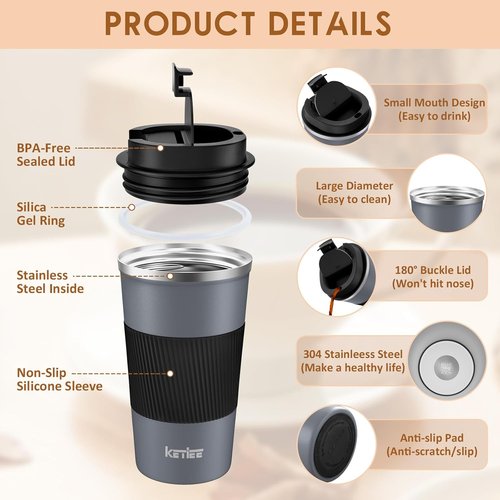KETIEE Travel Coffee Mug - Insulated 12oz Stainless Steel Tumbler with Spill-Proof Lid | Grey