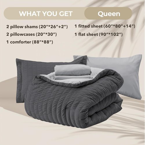 HYMOKEGE Queen Comforter Set - Luxury 7-Piece Bedding Set in Dark Grey/Light Grey | All-Season Comforter, Sheets & Pillowcases