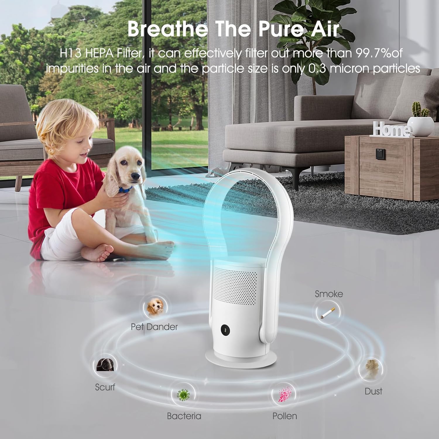 Skiennix Bladeless Tower Fan - HEPA Filter, 80° Oscillation, Remote Control, 9 Speeds, White