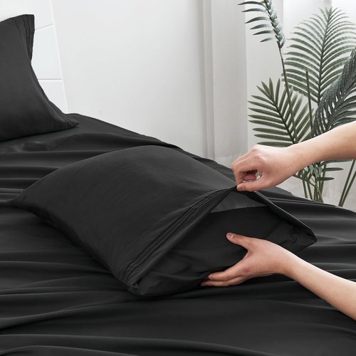 **LINENLINE Full Sheet Set - 6-Piece Cooling Bamboo Rayon Sheets with 4 Pillowcases | Soft, Breathable, 16" Deep Pocket - Black**