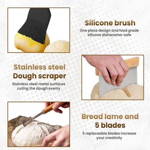 Benneton Proofing Basket Set of 3: 9' & 10' Round, 10" Oval Rattan Bread Baskets with Cloth Lining + Bread Lame & Silicon Brush