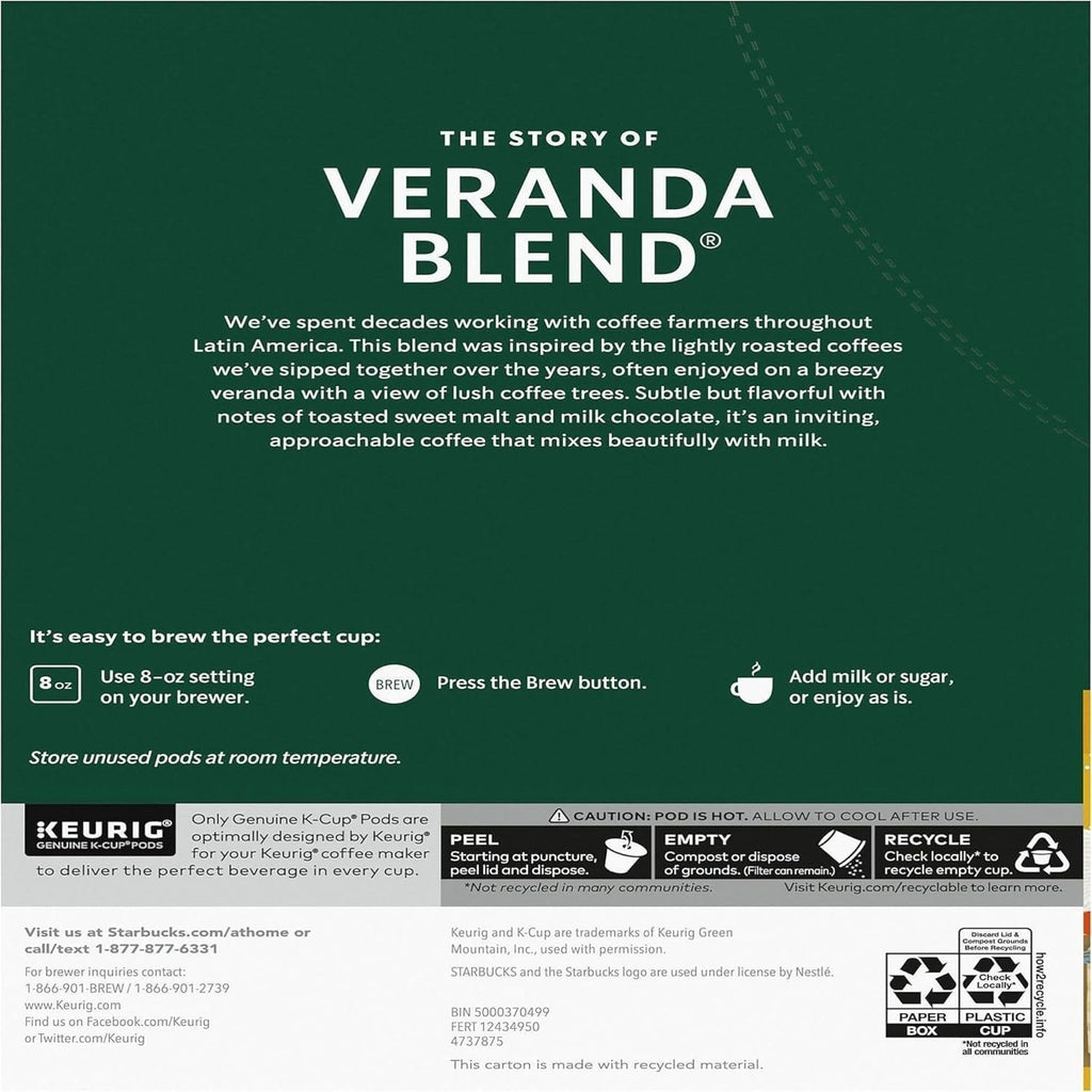 Starbucks® Veranda Blend Single-Serve Coffee K-Cup® - Carton of 24 Pods for Smooth Flavor