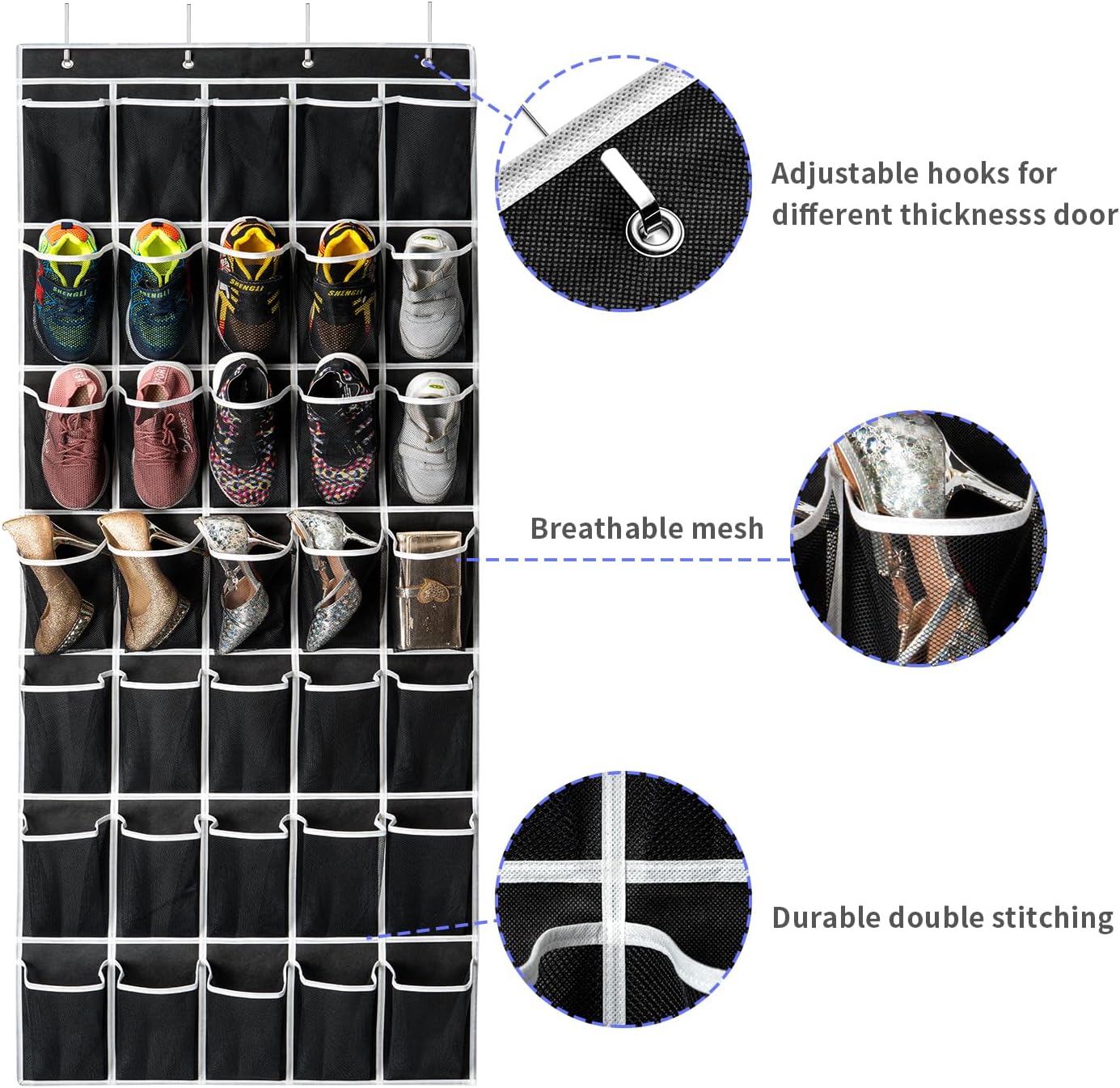 SAVERHO Over The Door Shoe Organizer - 35 Pocket Hanging Storage Bag with 4 Metal Hooks | Black