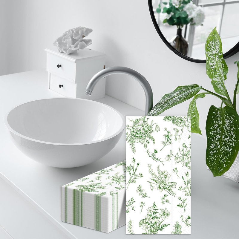 50 Pcs Green Floral Guest Napkins Summer Greenery Flower Chinoiserie Paper Napkins Party Supplie Sage Green Floral Disposable Hand Towel Tissue for Dinner Luncheon Party Birthday Baby Shower Favor