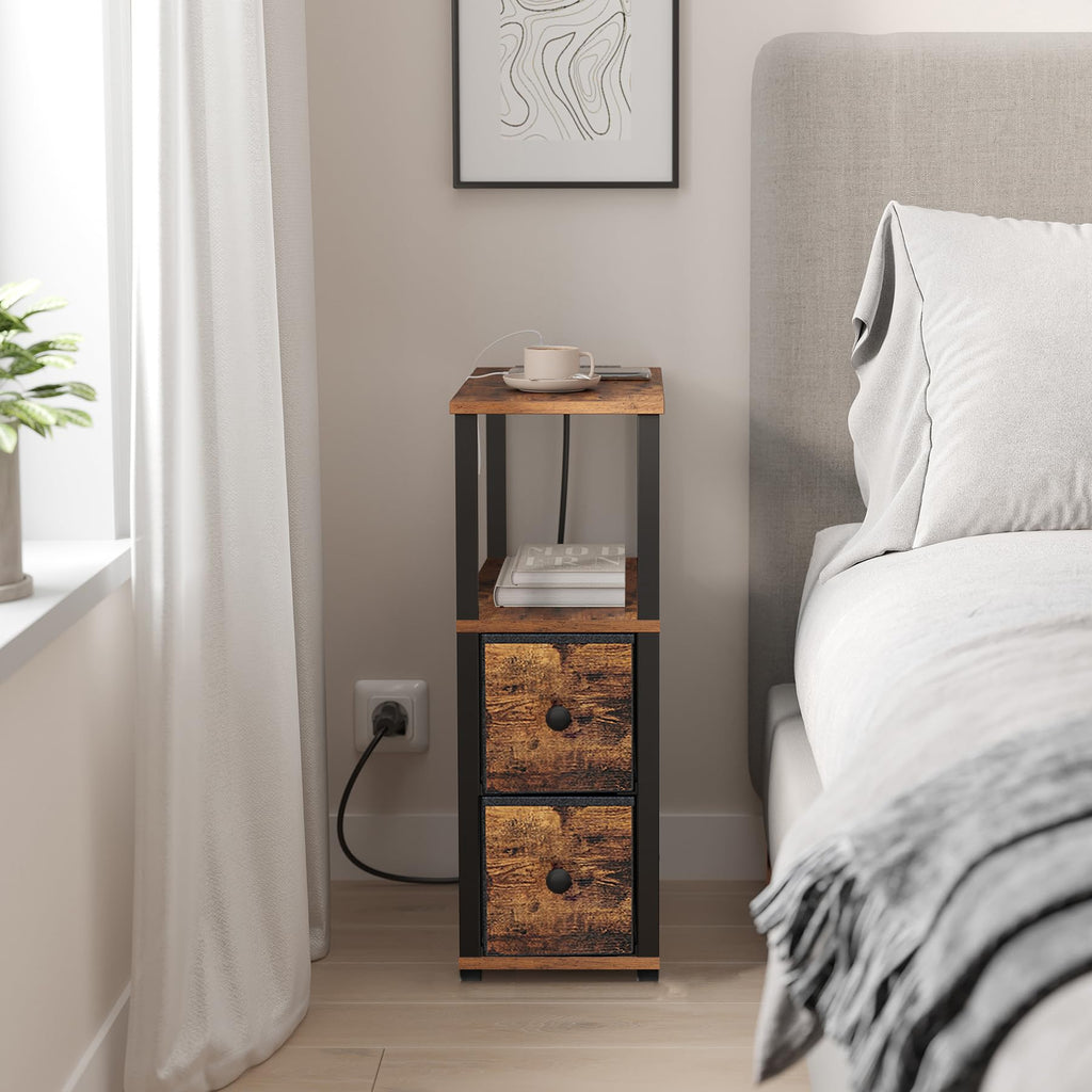 TUTOTAK Small Narrow End Tables, Side Tables with 2 Fabric Drawers, Set of 2, Bedside Tables with Charging Station for Small Spaces, Slim Nightstands with USB Ports and Wheels, TB01BB053C