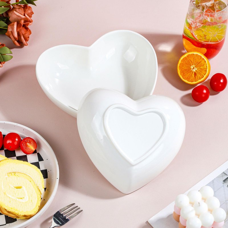 WHJY Set of 2 Porcelain Heart Shaped Bowls, 7 inches White Ceramic Dish Set for Valentines Day, Salad, Fruit, Cereal and Appetizer