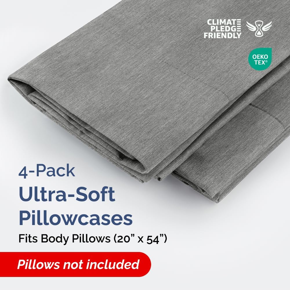Skiennix Body Pillowcases Set of 4 | Soft 20x54 Long Pillow Covers for Side Sleepers - Breathable & Fade-Resistant - Machine Washable (Heathered Grey)