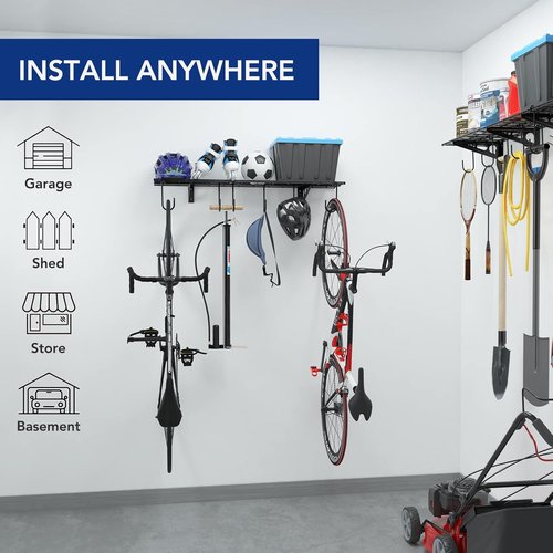 FLEXIMOUNTS Garage Wall Shelving System - 1x4 Ft Storage Rack with 6 Bike Hooks | 150 lbs Capacity