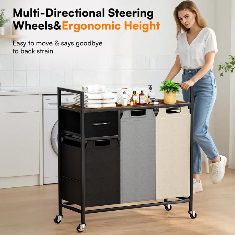 Laundry Hamper - Laundry sorter 3 Section 145L - Laundry Room Organization with 4 Pull-Out Drawers, Removable Oxford Bags, Lockable Wheels & Sturdy Shelf for Laundry Room, Bathroom, Bedroom