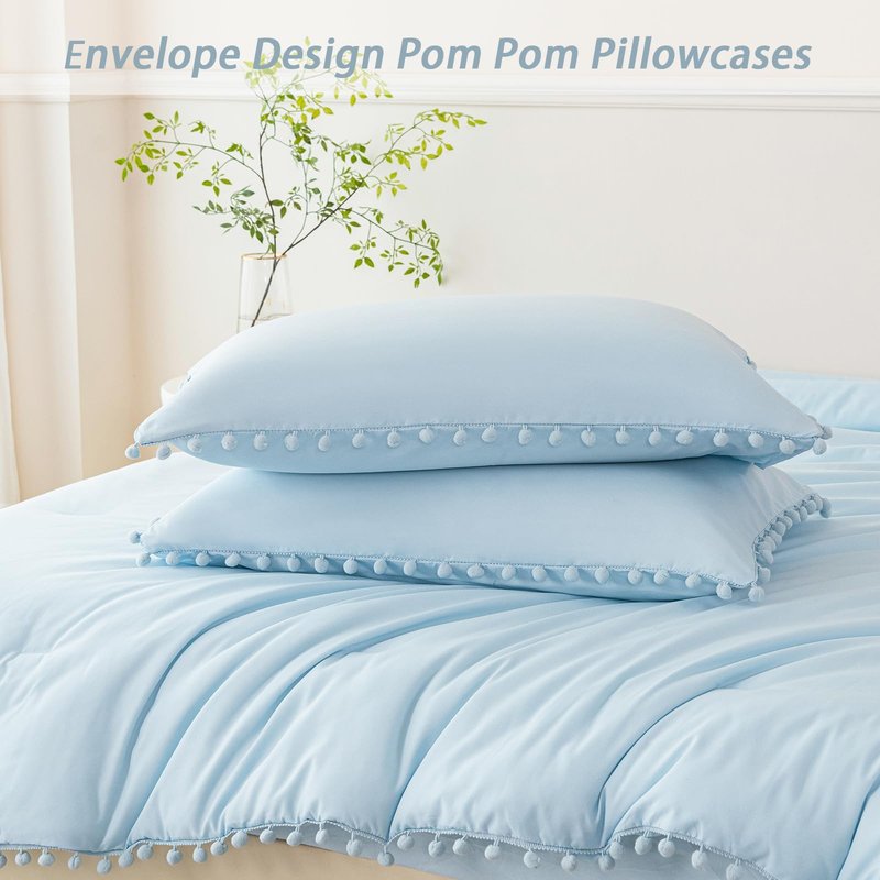PERFEMET 5 Pieces Full Bed in A Bag Light Blue Pom Pom Bedding Set for Girls Boys Soft Fluffy Boho Solid Bedding Comforter Set with Sheets(Light Blue, Full)