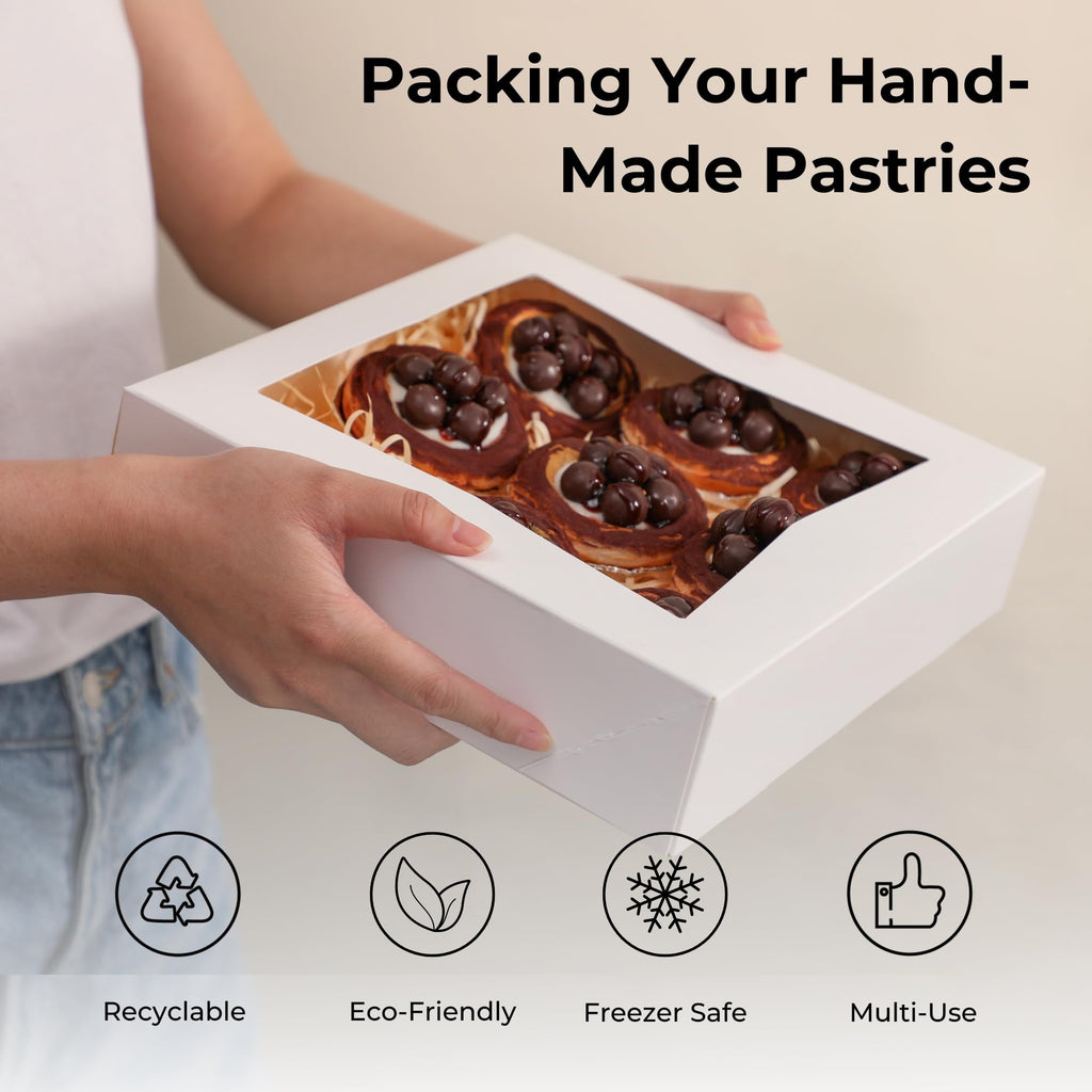[25 Pack] Bakery / Pie Box with Window 10x10x2.5" - White Cardboard Packaging for Cupcake, Cookies and Pastry, Restaurant Containers And Personalized Favors