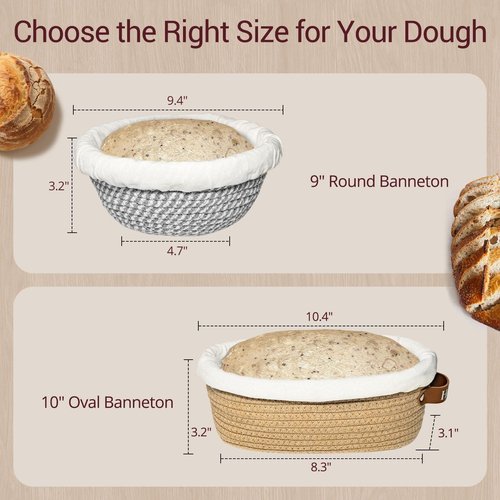 Banneton Sourdough Proofing Basket Set - Oval & Round with Liners | Cotton Rope Baking Supplies