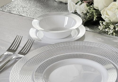 " OCCASIONS " 40 Pieces Chargers pack Wedding Party 12'' Disposable Plastic Charger Plates/Chargers (Diamond White & Silver)
