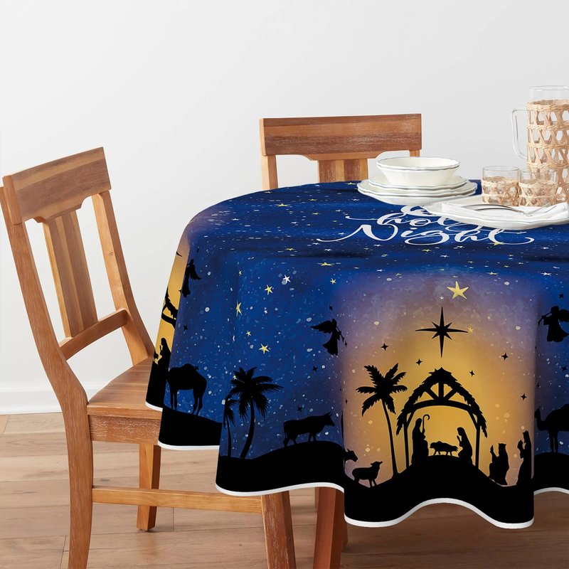 Horaldaily Christmas Tablecloth 90×90 Inch Round, Blue Holy Night Snow Washable Table Cover for Party Picnic Dinner Decor