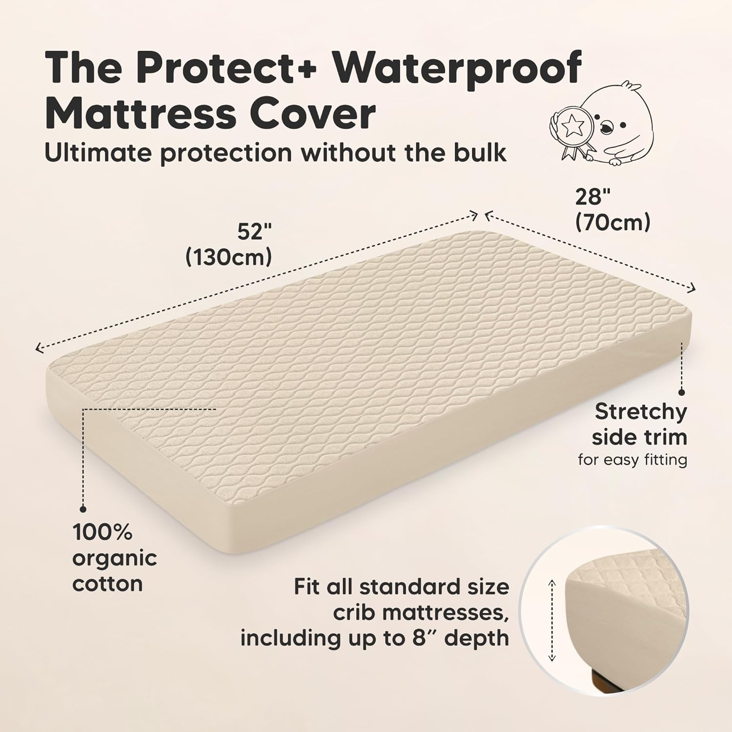 Skiennix Waterproof Crib Mattress Protector Cover - Soft Quilted Cotton, 52" x 28", Machine Washable, Easy Fit