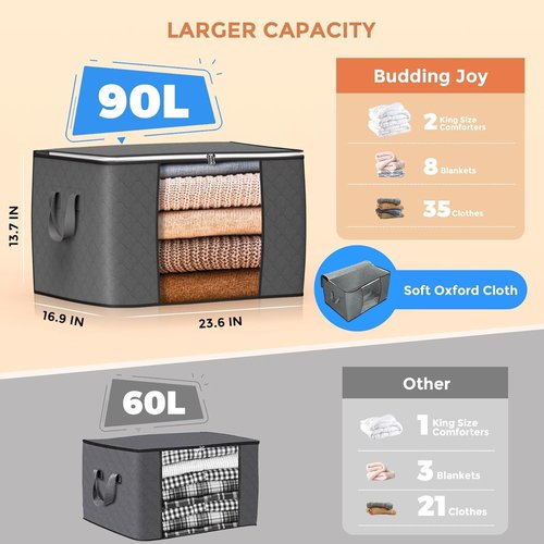 Budding Joy 90L Large Storage Bags - 6 Pack Foldable Closet Organizers & 2 Pack Clear Shoe Storage