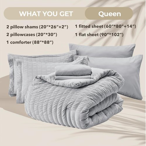 HYMOKEGE Queen Comforter Set - Light Grey Seersucker 7-Piece Luxury Bedding Set | All-Season Comfort