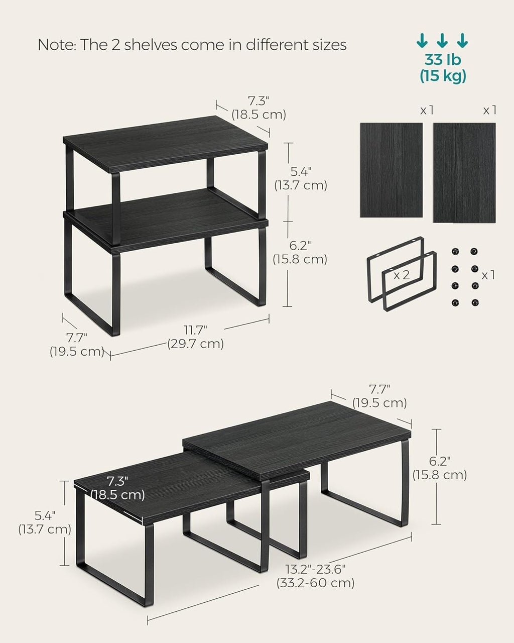 SONGMICS Kitchen Organizer Shelf Set - Stackable & Expandable Spice Rack - Metal & Engineered Wood - Ink Black & Ebony Black