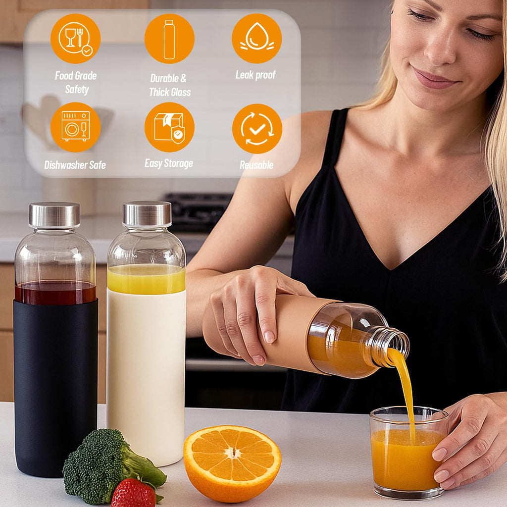 Luxfuel 18 oz Glass Juice Bottles with Lids and Silicone Sleeve, 6 Pack Reusable Clear Glass Water Bottles with Stainless Steel Cap for Juicing, Refrigerator,100% Leak Proof, BPA Free Drinking Bottle