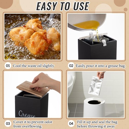 Hushee 35 Set Grease Disposal Container for Kitchen with 30 Foil Liners Disposable Grease Bags Bulk Wooden Storage Bin 4 Clip Bacon Cooking Oil Container Help Stop Kitchen Drains from Getting Clogged