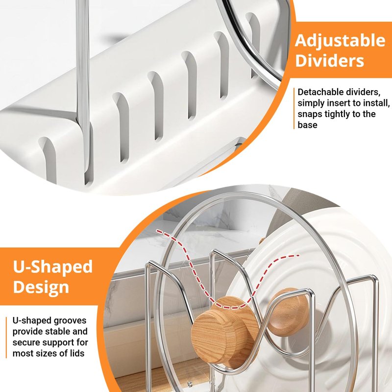 Beruyu Expandable Pot and Pan Organizer Rack for Cabinet, Pot Lid Organizer Holder with 7 Stainless Steel Adjustable Dividers for Kitchen Cabinet Organizer and Storage (White)