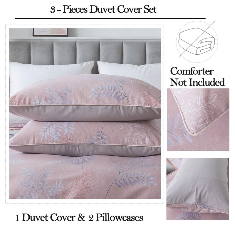 FADFAY Duvet Cover Sets Queen 100% Brushed Cotton Vintage Foliage Patterned Pink Comforter Cover Country Bedding for All Season Soft Reversible Bed Cover with Zipper 3Pcs