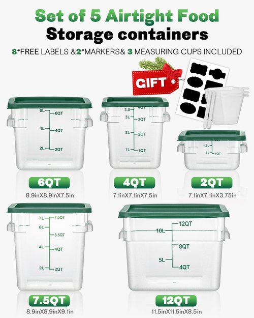 4QT NSF Food Storage Containers: 8 PCS [Food Grade][Hot&Cold Resistant] Commercial Clear Square Food Storage Containers with Scales Handles for Home Restaurant Kitchen Proof Dough(BPA FREE-GREEN)