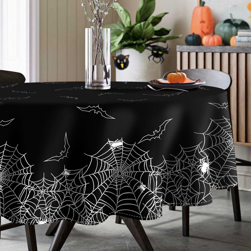 QIALETS Halloween Tablecloth Round 70 inch Black Spider Web Hollow Bat Cobweb Table Covers for Outdoor Indoor Party Decorations