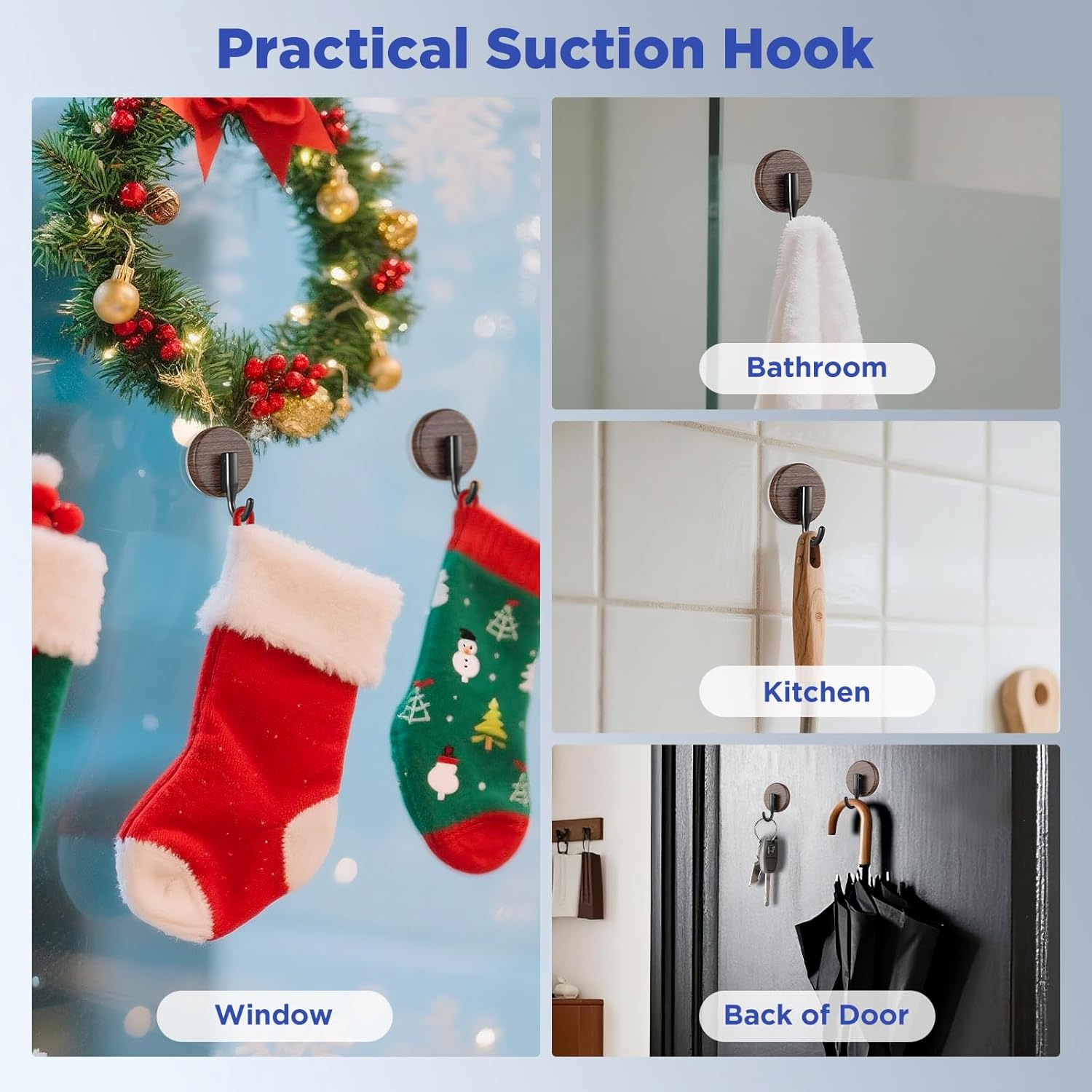 OUTXE Wreath Hanger - Upgraded Suction Cup Hook for Front Door & Glass Window | 4-Pack (Walnut)