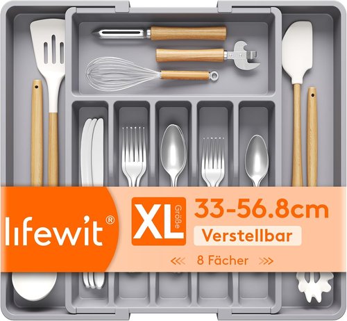 Lifewit Expandable Silverware Drawer Organizer - BPA Free Utensil Tray for Kitchen | Adjustable Gray 33-57 x 42cm