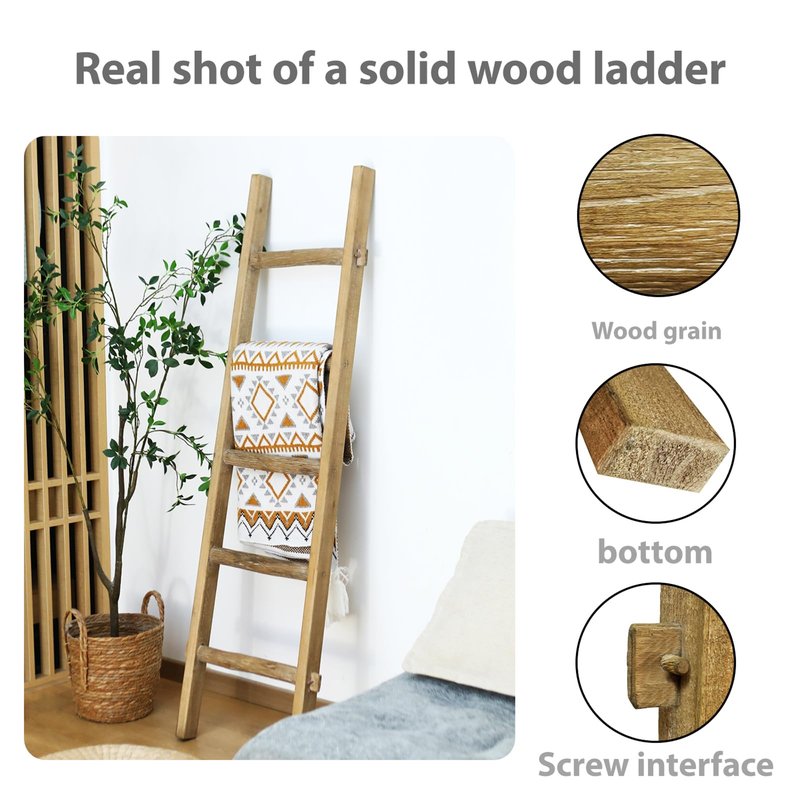 Oujchenghome Blanket Ladder Pre Assembled 76in Wooden Ladder Shelf Living Room Bathroom Bedroom Decorative Wall Leaning Farmhouse Quilt Display Holder Rustic Towel Rack (Brown, 57in（5-Tier）)