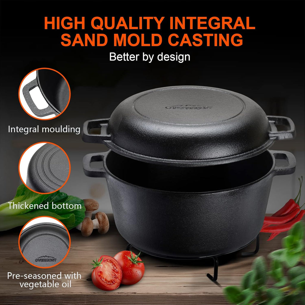 Overmont 5QT Cast Iron Dutch Oven - Pre-Seasoned All-in-One Casserole & Skillet Lid with Silicone Handle Covers