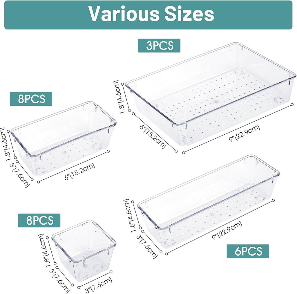 WOWBOX Clear Plastic Drawer Organizer Set - 25 PCS with 4 Sizes for Makeup, Jewelry, Gadgets | Ideal for Kitchen, Bedroom, Bathroom, Office