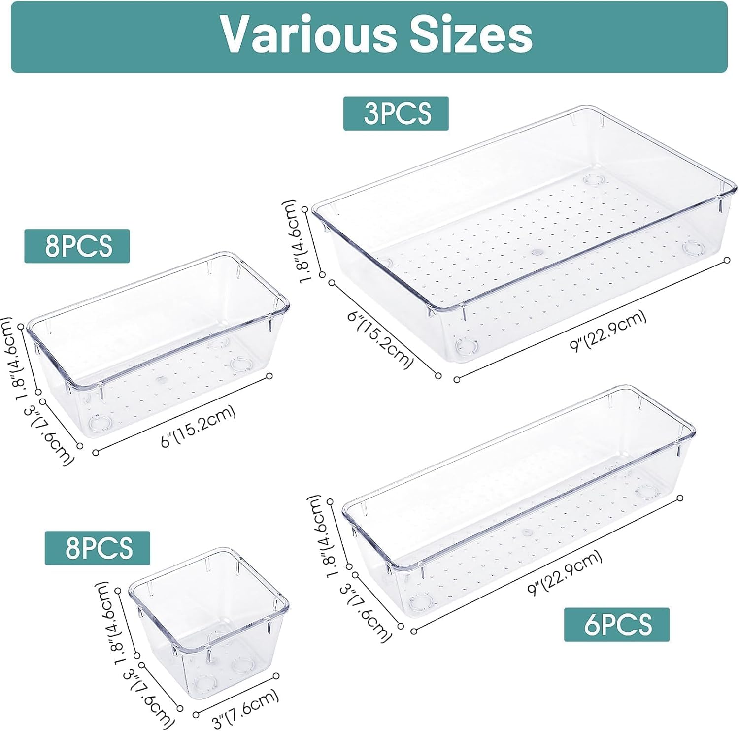 WOWBOX Clear Plastic Drawer Organizer Set - 25 PCS with 4 Sizes for Makeup, Jewelry, Gadgets | Ideal for Kitchen, Bedroom, Bathroom, Office