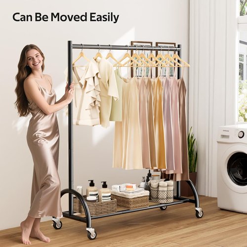MISSLO Heavy Duty Clothing Rack - Rolling Garment Rack with Wheels for Coats & Dresses - Black
