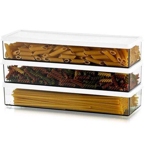 Hanobe Pasta Containers for Pantry Large Spaghetti & Noodle & Lasagna Canister 3 Pcs Clear Grey Rectangular Canister with Lock Lids Durable BPA-free Plastic Food Keeper for Kitchen Cabinet