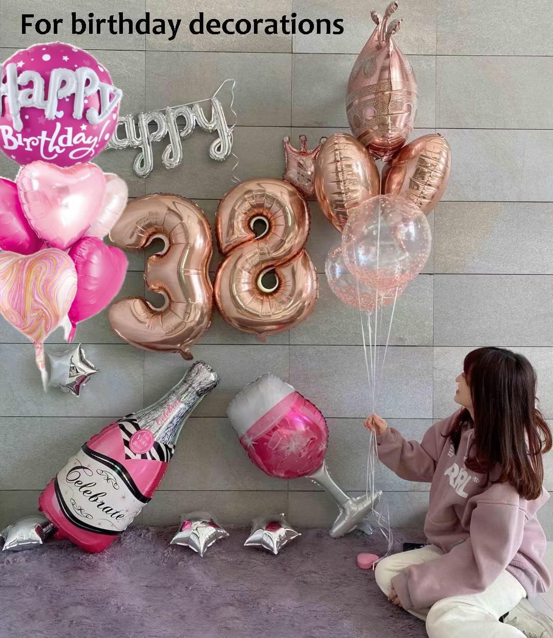 Rose Gold Crown Mylar Balloons - Large Round Pink Birthday Decorations for Women