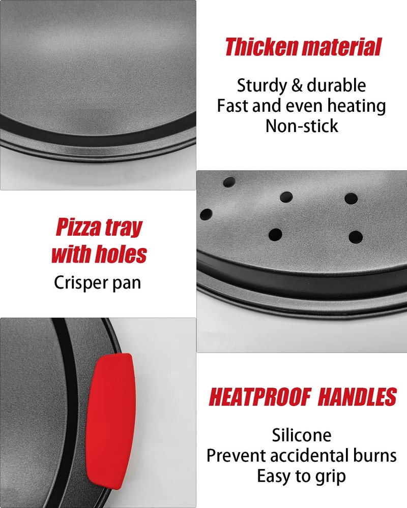 NBFTLTOP Pizza Pan 12 Inch for Oven, Pizza Steel Pan with Heat-insulating Silicone Handle, Nonstick Pizza Tray with Holes and No Holes Set, Round Pizza Baking Pan 2pcs, Gray