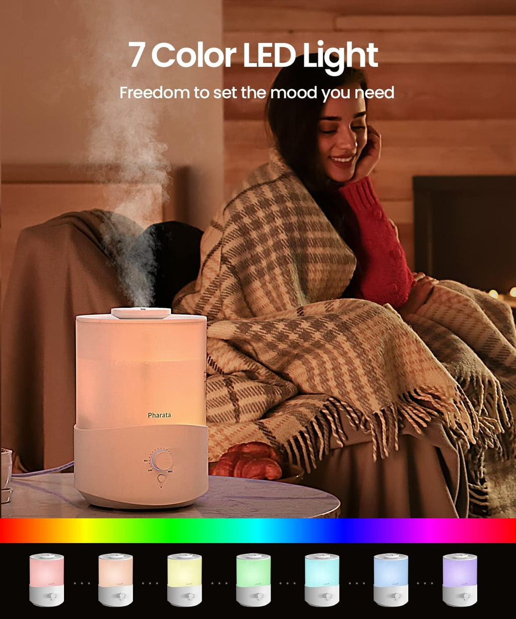 Pharata Humidifier - 2.5L Cool Mist Essential Oil Diffuser for Large Rooms | Top Fill Design, Auto Shut-Off