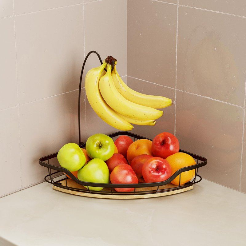CACHOLIV Fruit Holder for Kitchen Countertop with Banana Hanger, Vegetable Basket with Bamboo Base for Kitchen Corner Storage, Black