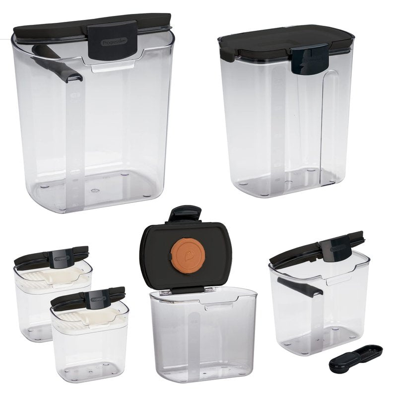 Progressive ProKeeper Baker's Airtight Kitchen Storage Canister Container Set for Flour, Sugar & More, Keeps Ingredients Fresh, with Accessories (Black, 6- Piece)