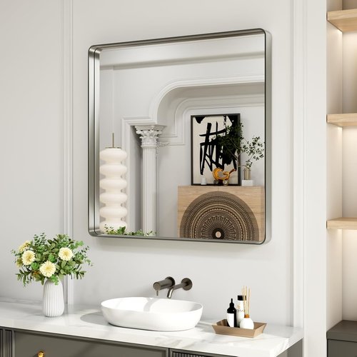 LOAAO Brushed Nickel Bathroom Mirror - 30x30 Inch Rounded Rectangle Design | Anti-Rust & Shatterproof