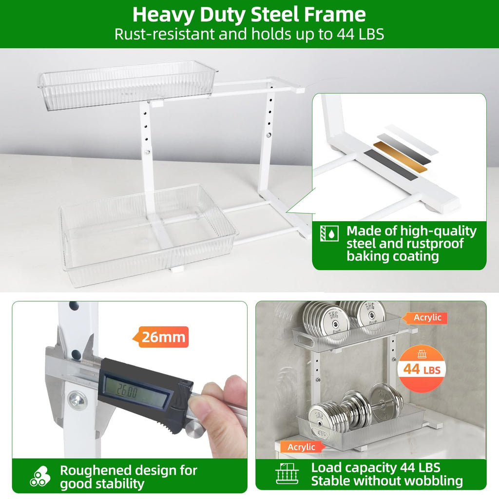 NRCUWI 2 Pack Under Sink Organizer, Pull Out Cabinet Organizer 2 Tier Slide Out, Under Sink Organizers and Storage Height Adjustable for Kitchen Bathroom Cabinet, Metal