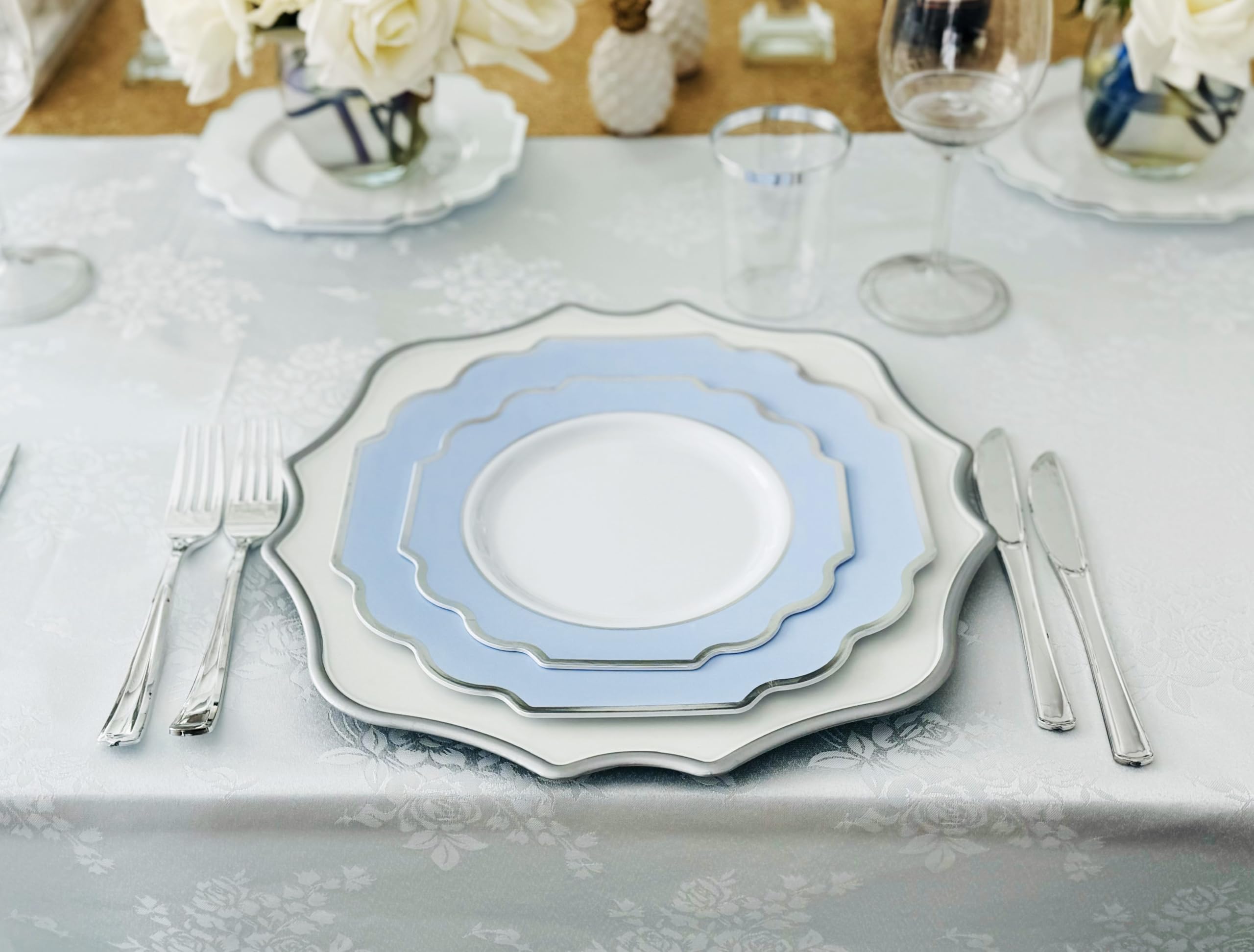 " OCCASIONS " 120 Plates Pack, Heavyweight Disposable Wedding Party Plastic Plates (8'' Appetizer/Dessert Plate, Imperial in White/Blue & Silver)