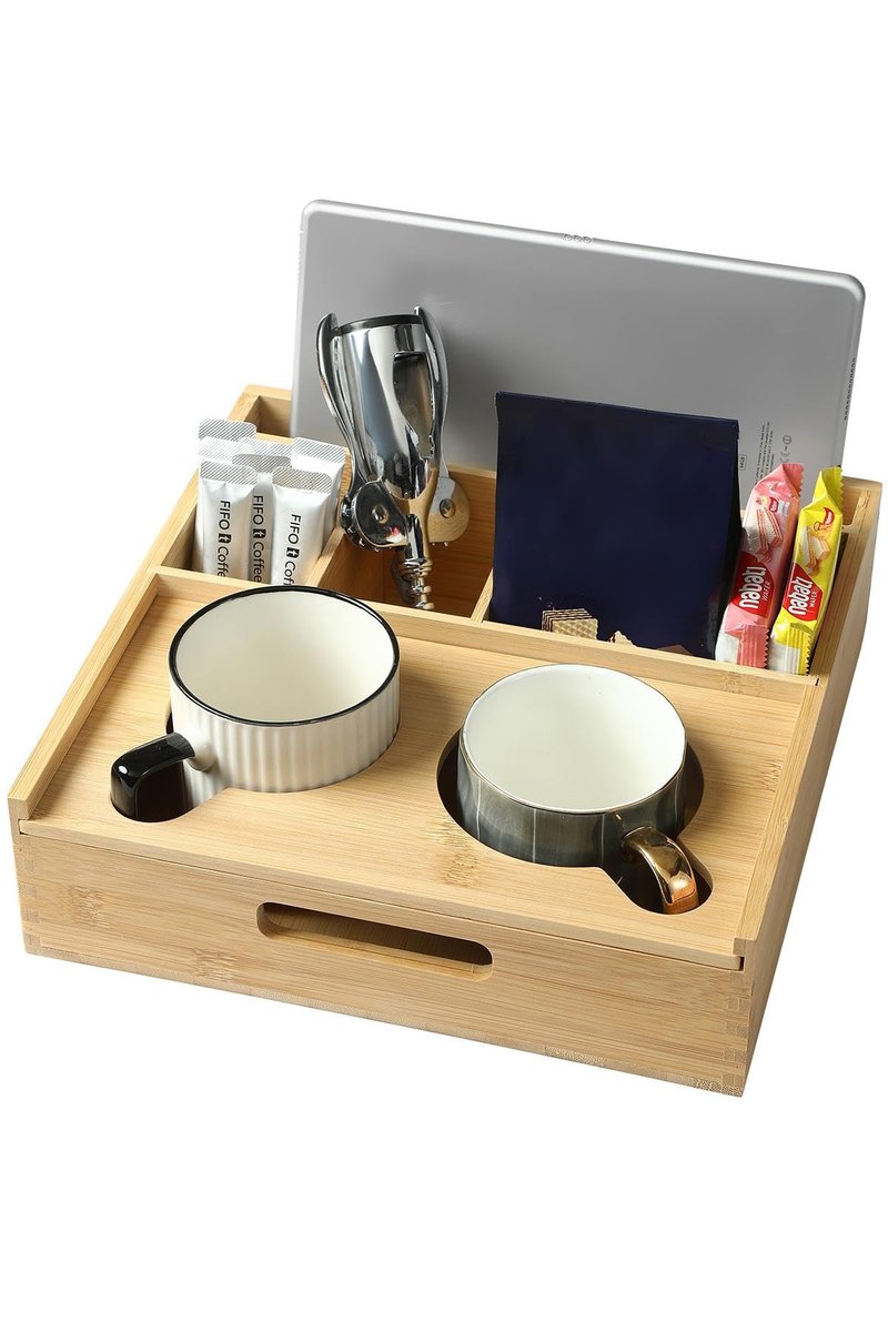 ROCDEER Couch Caddy,Bamboo Couch Cup Holder Tray with 6 Compartments, Sofa and Bed Organizer for Drinks, Snacks, and Remotes