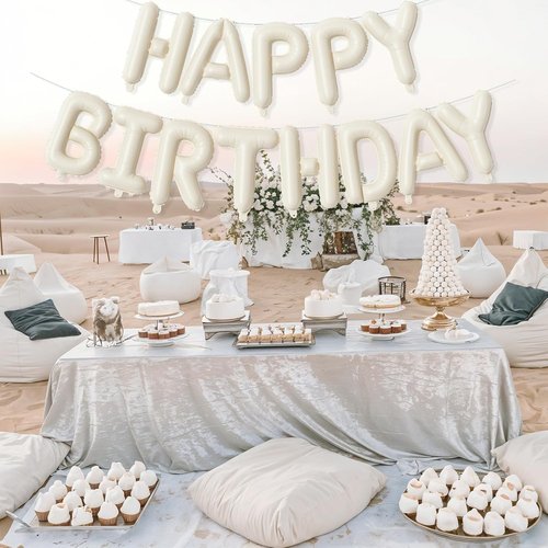 Happy Birthday Balloon Banner by Cream - Neutral Beige Foil Balloons | 16 Inch Ivory White Party Decor