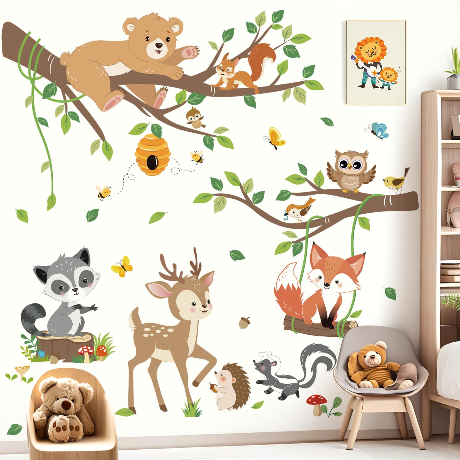 decalmile Woodland Animals Tree Branch Wall Decals Forest Animals Bear Deer Fox Wall Stickers Living Room Baby Nursery Kids Room Wall Decor